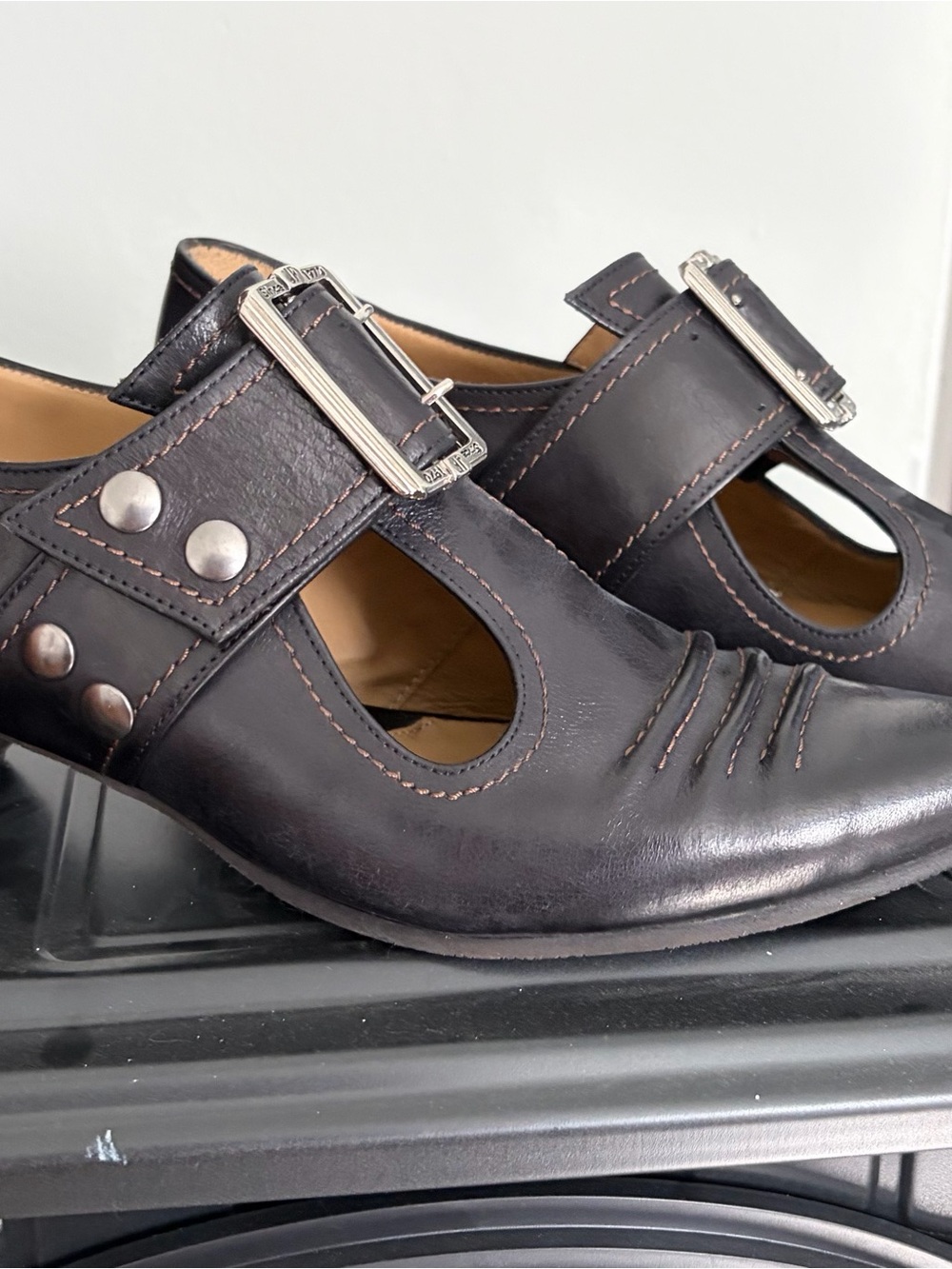 John Fluevog Black Leather Mary Jane Heels with Silver Buckles